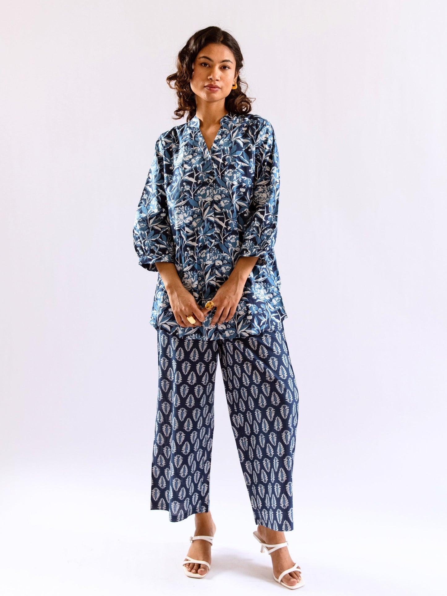 Indigo Floral Flirt Pure Cotton Back Pleated Co-ord set