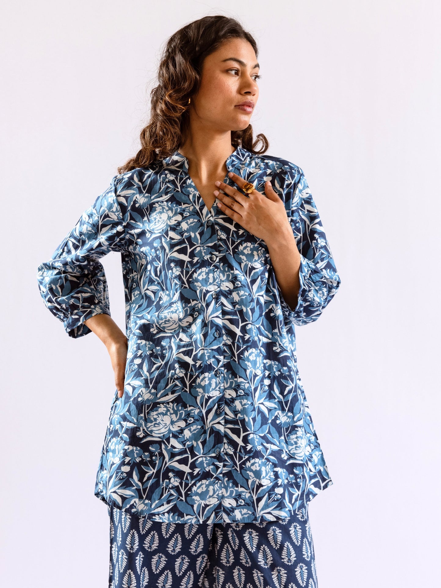 Indigo Floral Flirt Pure Cotton Back Pleated Co-ord set