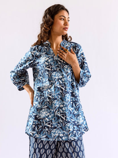 Indigo Floral Flirt Pure Cotton Back Pleated Co-ord set