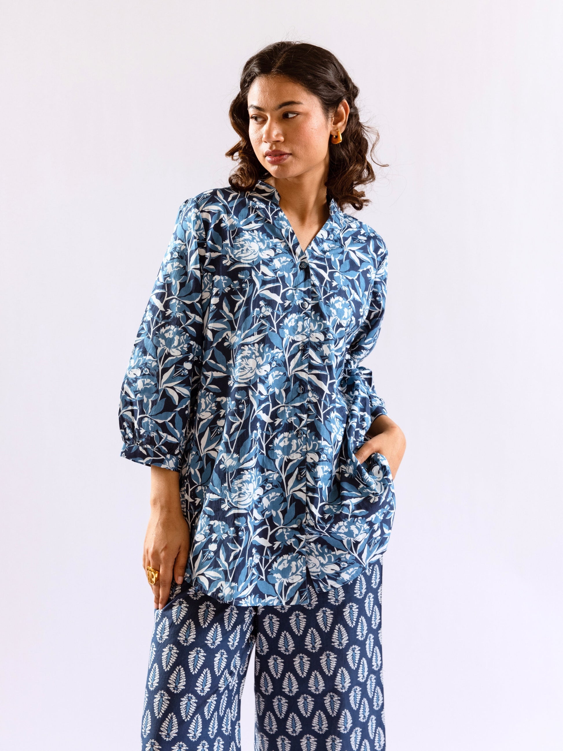 Indigo Floral Flirt Pure Cotton Back Pleated Co-ord set