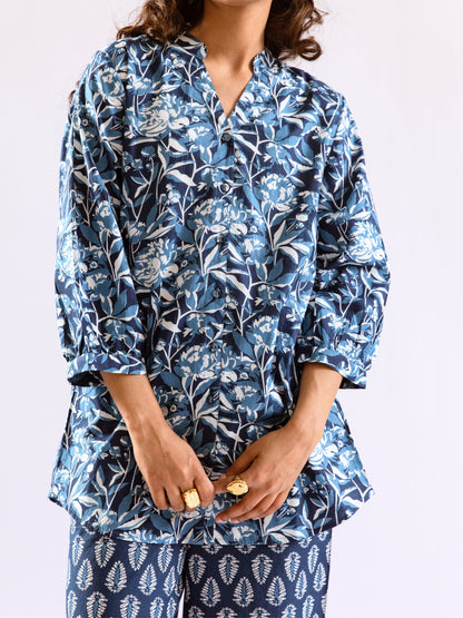 Indigo Floral Flirt Pure Cotton Back Pleated Co-ord set