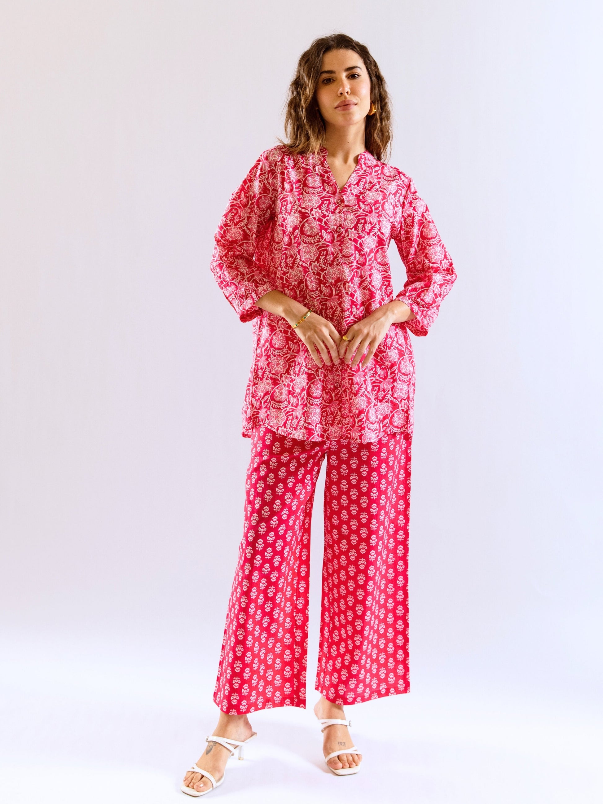 Pink Peony Chill Pure Cotton Back Pleated Co-ord set