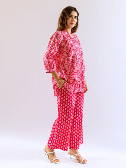 Pink Peony Chill Pure Cotton Back Pleated Co-ord set