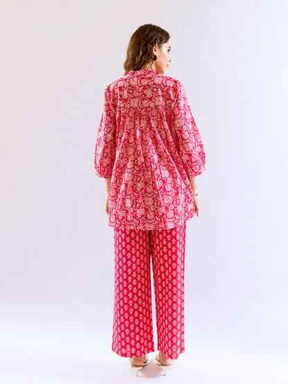 Pink Peony Chill Pure Cotton Back Pleated Co-ord set