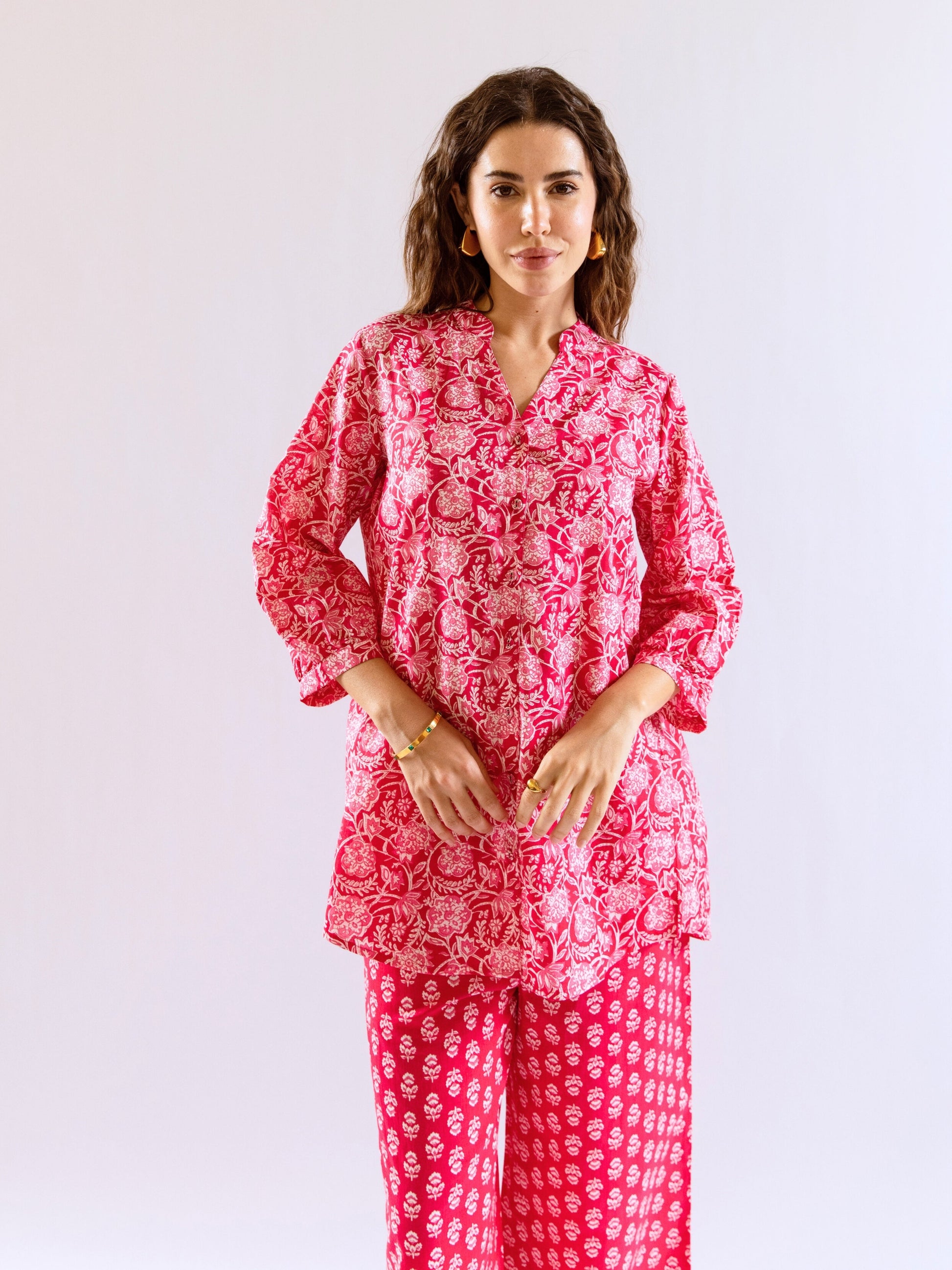 Pink Peony Chill Pure Cotton Back Pleated Co-ord set