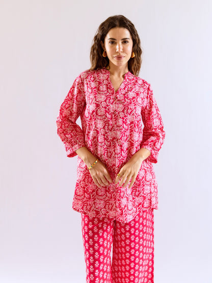 Pink Peony Chill Pure Cotton Back Pleated Co-ord set