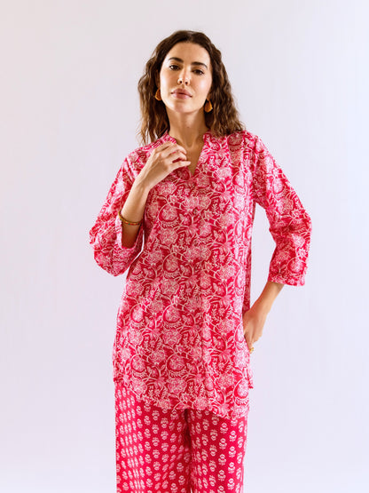 Pink Peony Chill Pure Cotton Back Pleated Co-ord set