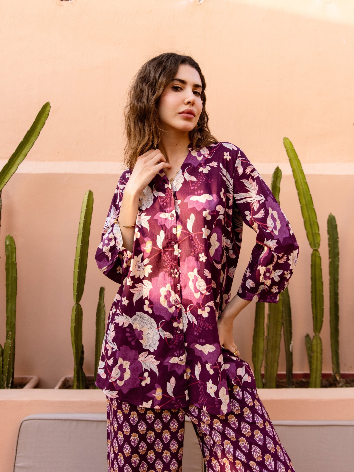 Purple Haze Petal Pure Cotton Back Pleated Co-ord set