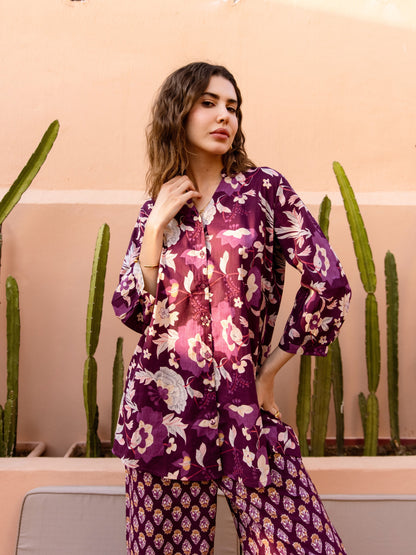 Purple Haze Petal Pure Cotton Back Pleated Co-ord set