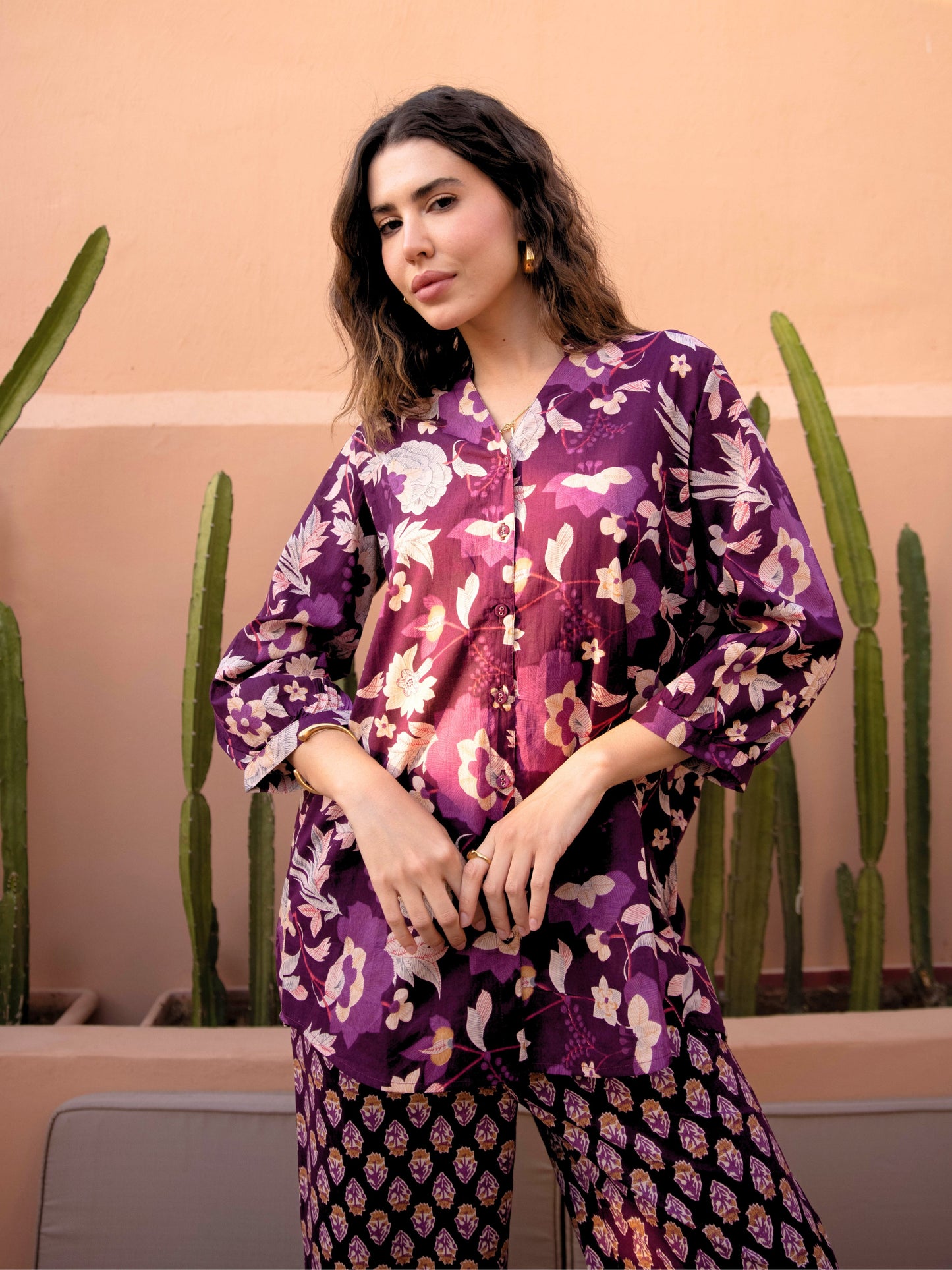 Purple Haze Petal Pure Cotton Back Pleated Co-ord set