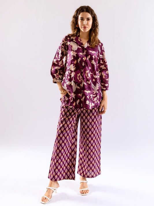 Purple Haze Petal Pure Cotton Back Pleated Co-ord set