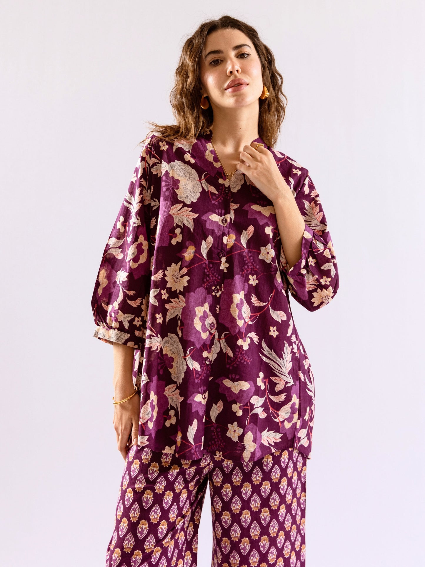 Purple Haze Petal Pure Cotton Back Pleated Co-ord set
