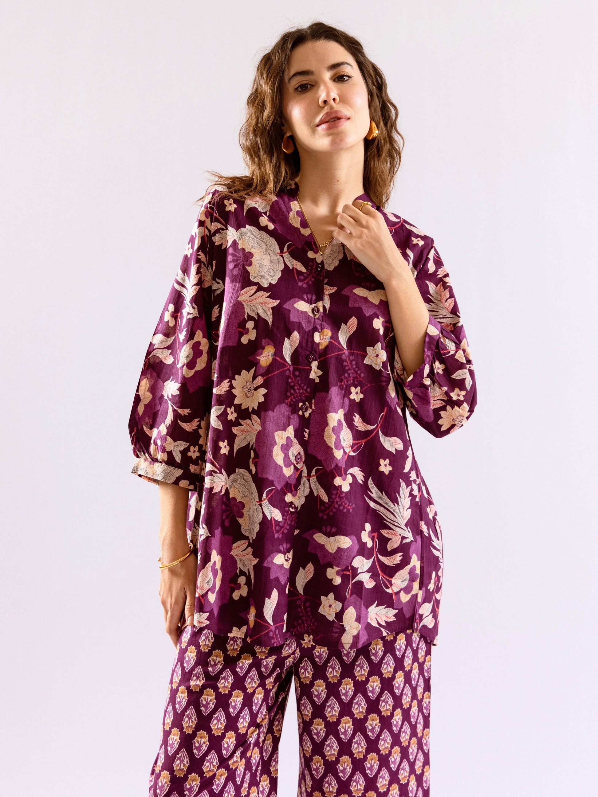 Purple Haze Petal Pure Cotton Back Pleated Co-ord set