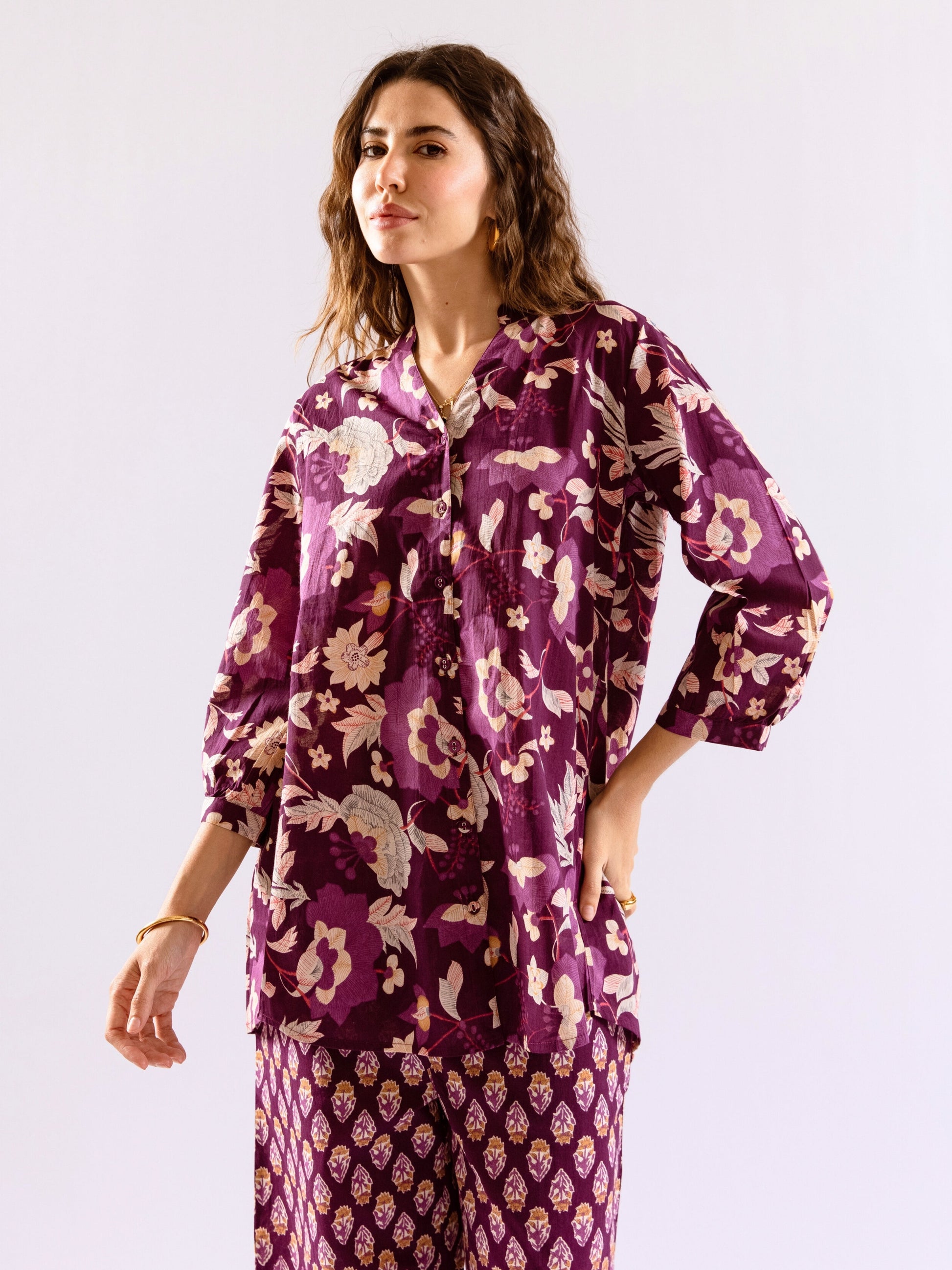 Purple Haze Petal Pure Cotton Back Pleated Co-ord set