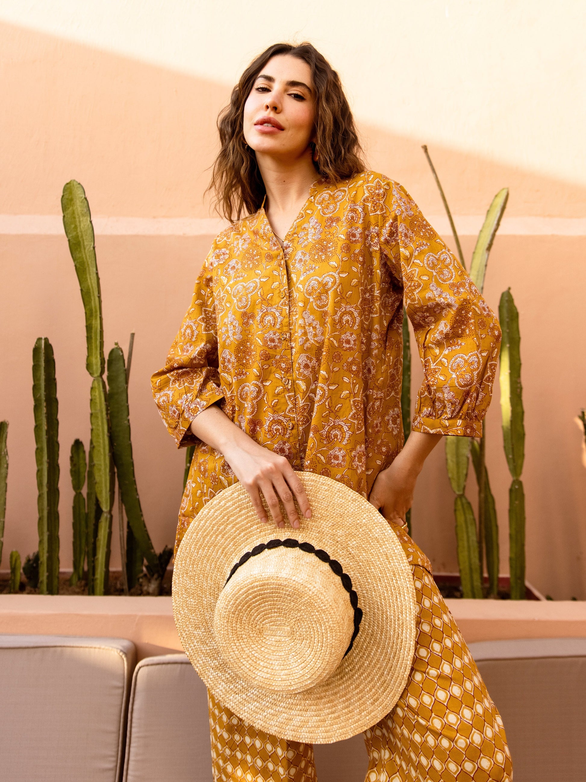 Mustard Flora Flick Pure Cotton Back Pleated Co-ord set