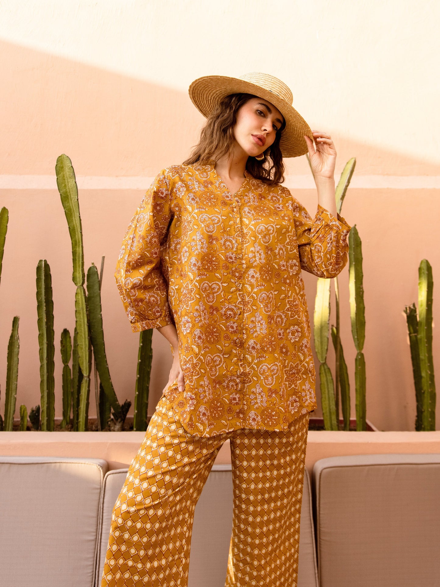 Mustard Flora Flick Pure Cotton Back Pleated Co-ord set
