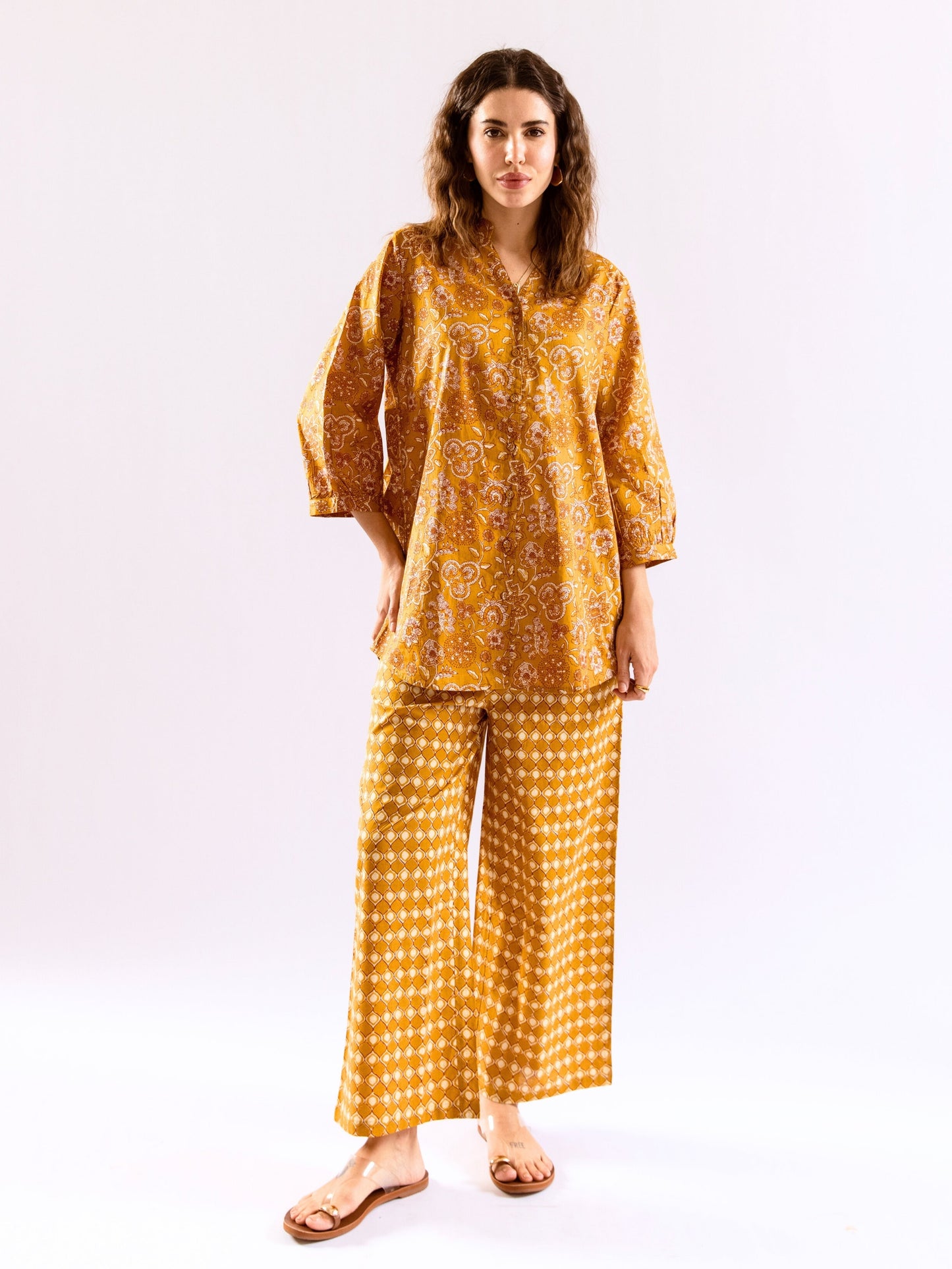 Mustard Flora Flick Pure Cotton Back Pleated Co-ord set