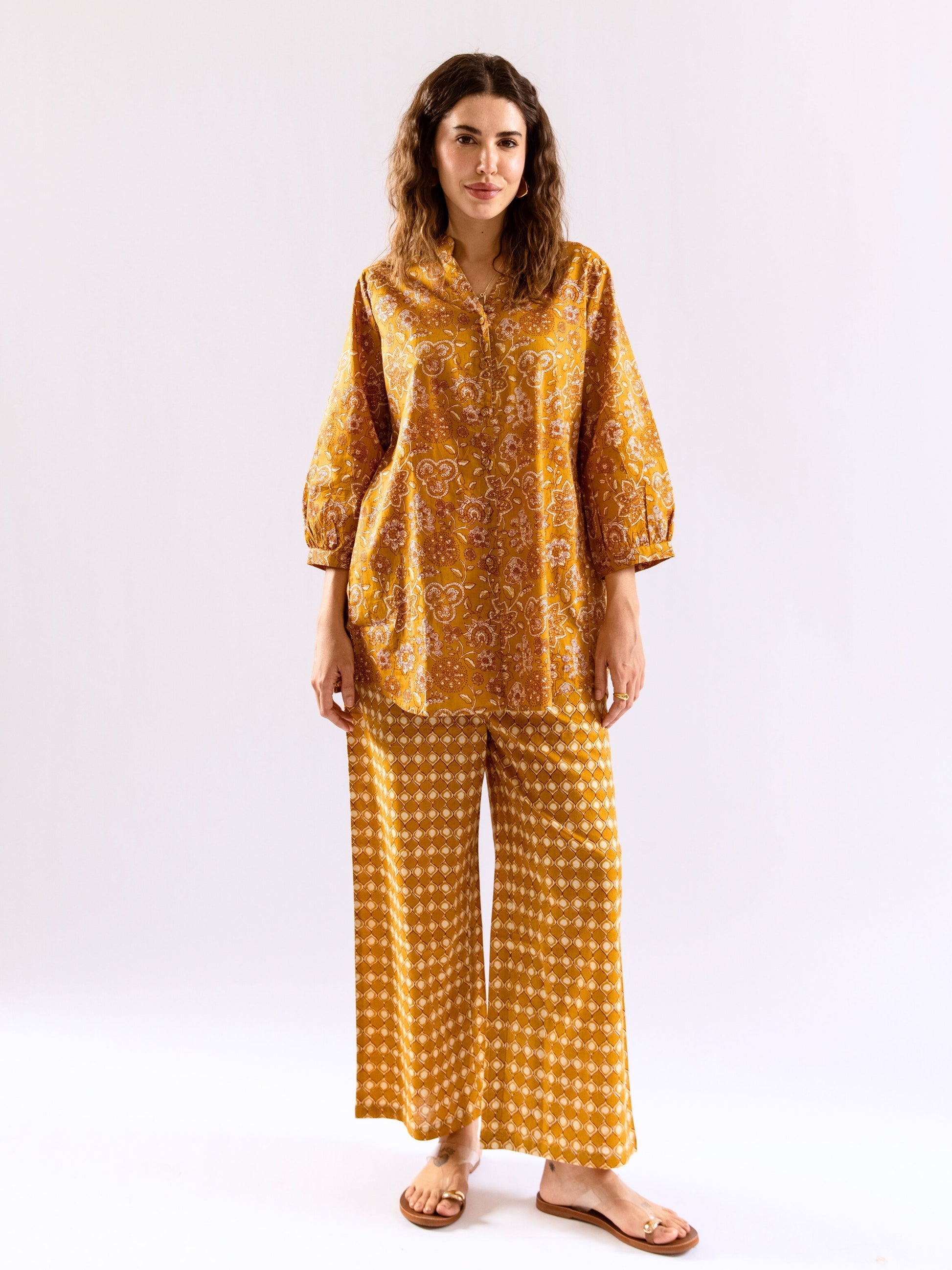 Mustard Flora Flick Pure Cotton Back Pleated Co-ord set