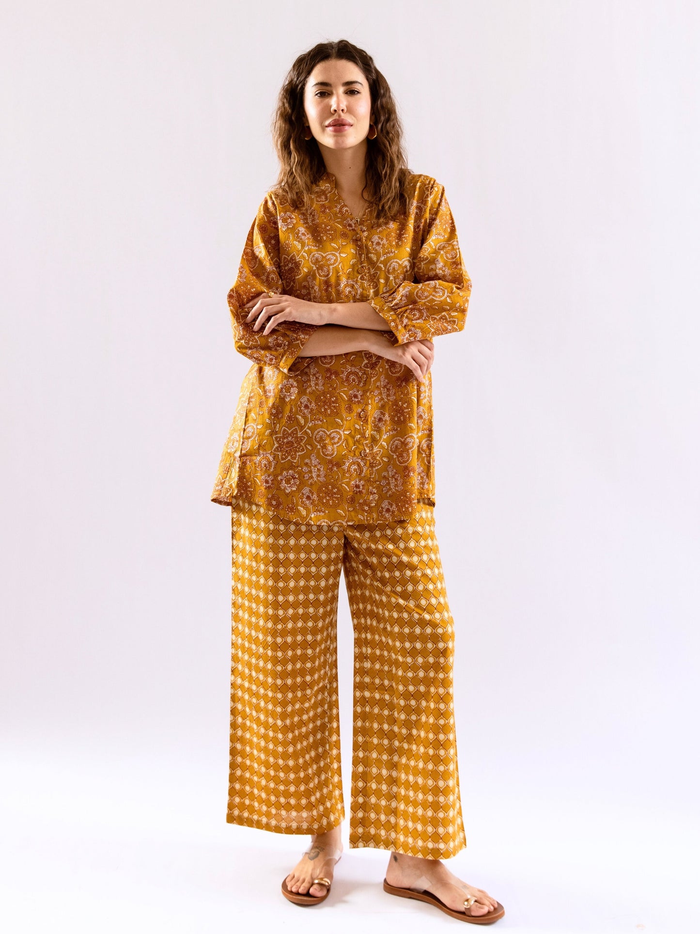 Mustard Flora Flick Pure Cotton Back Pleated Co-ord set