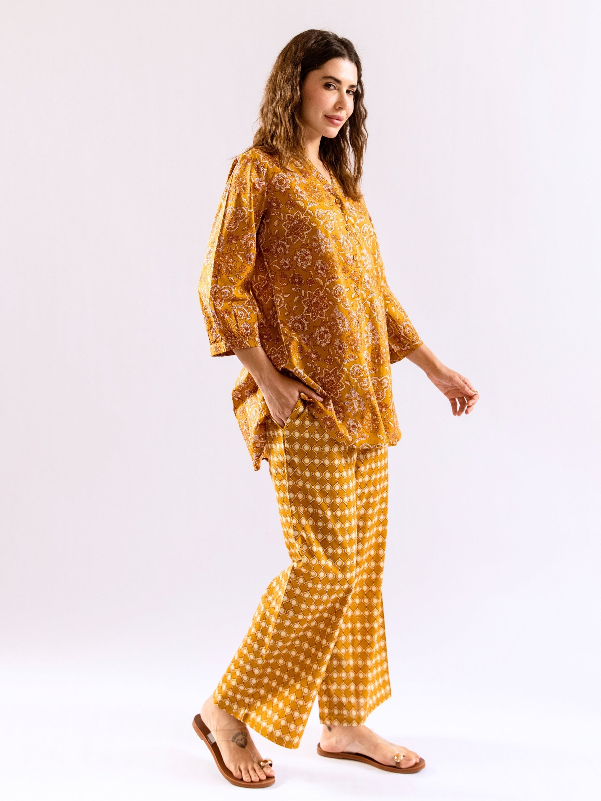 Mustard Flora Flick Pure Cotton Back Pleated Co-ord set