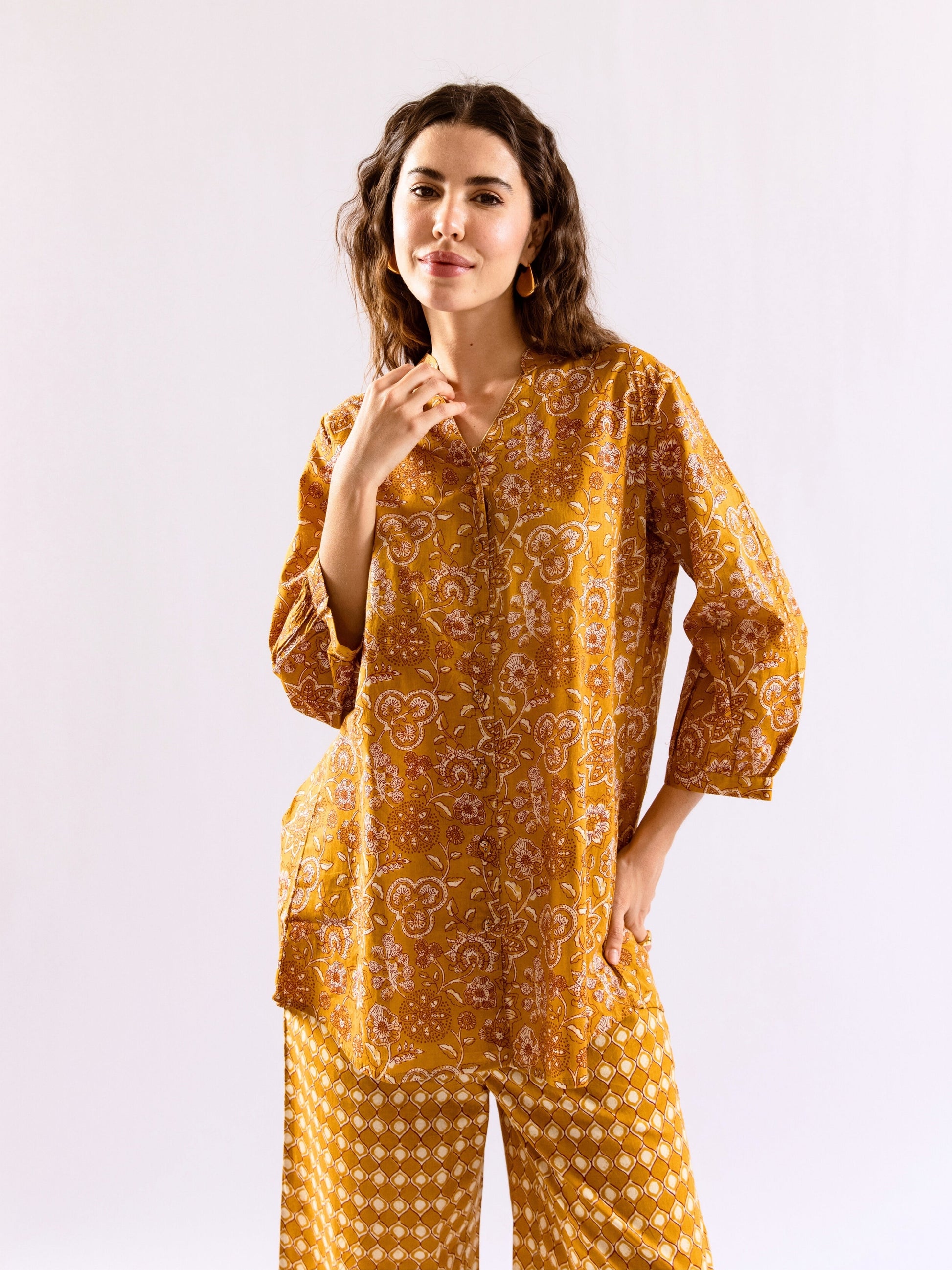 Mustard Flora Flick Pure Cotton Back Pleated Co-ord set