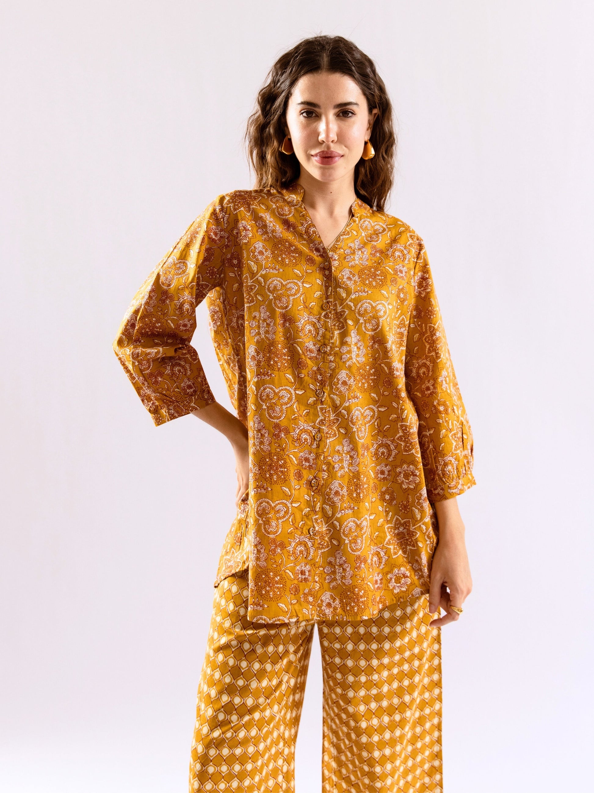 Mustard Flora Flick Pure Cotton Back Pleated Co-ord set