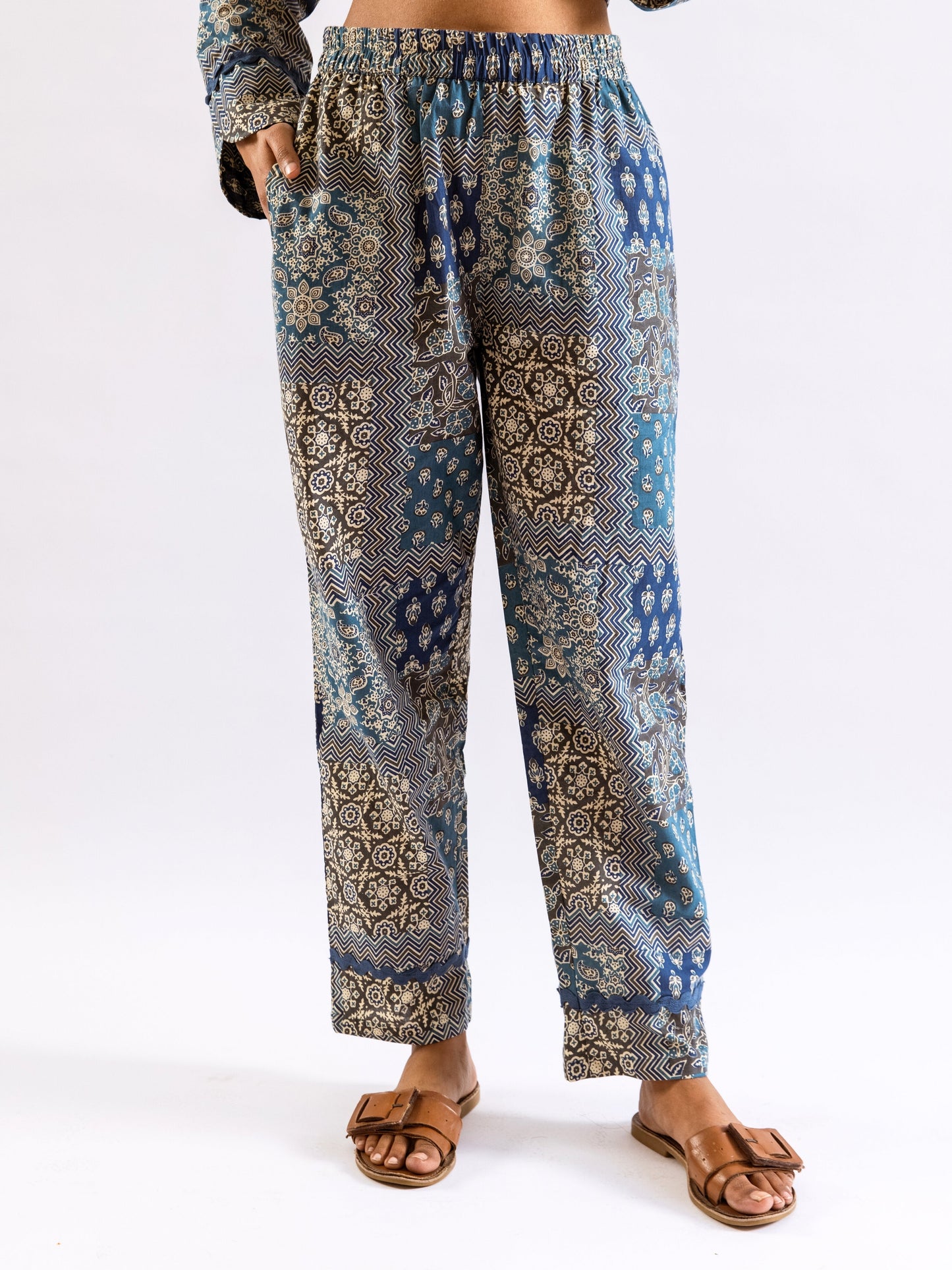 Blue Patchy Print Pure Cotton Collar Shirt Night Suit