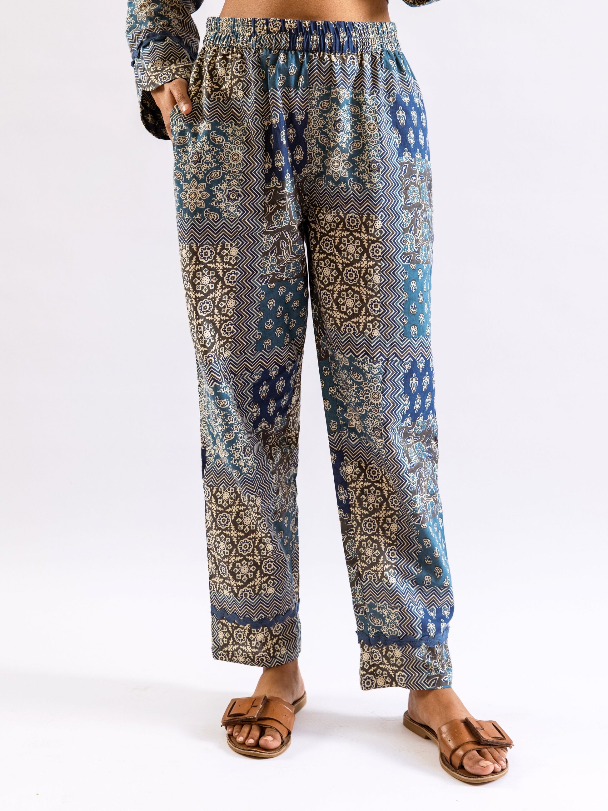 Blue Patchy Print Pure Cotton Collar Shirt Night Suit