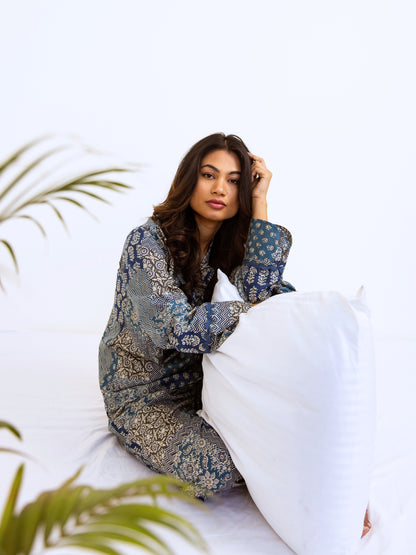 Blue Patchy Print Pure Cotton Collar Shirt Night Suit