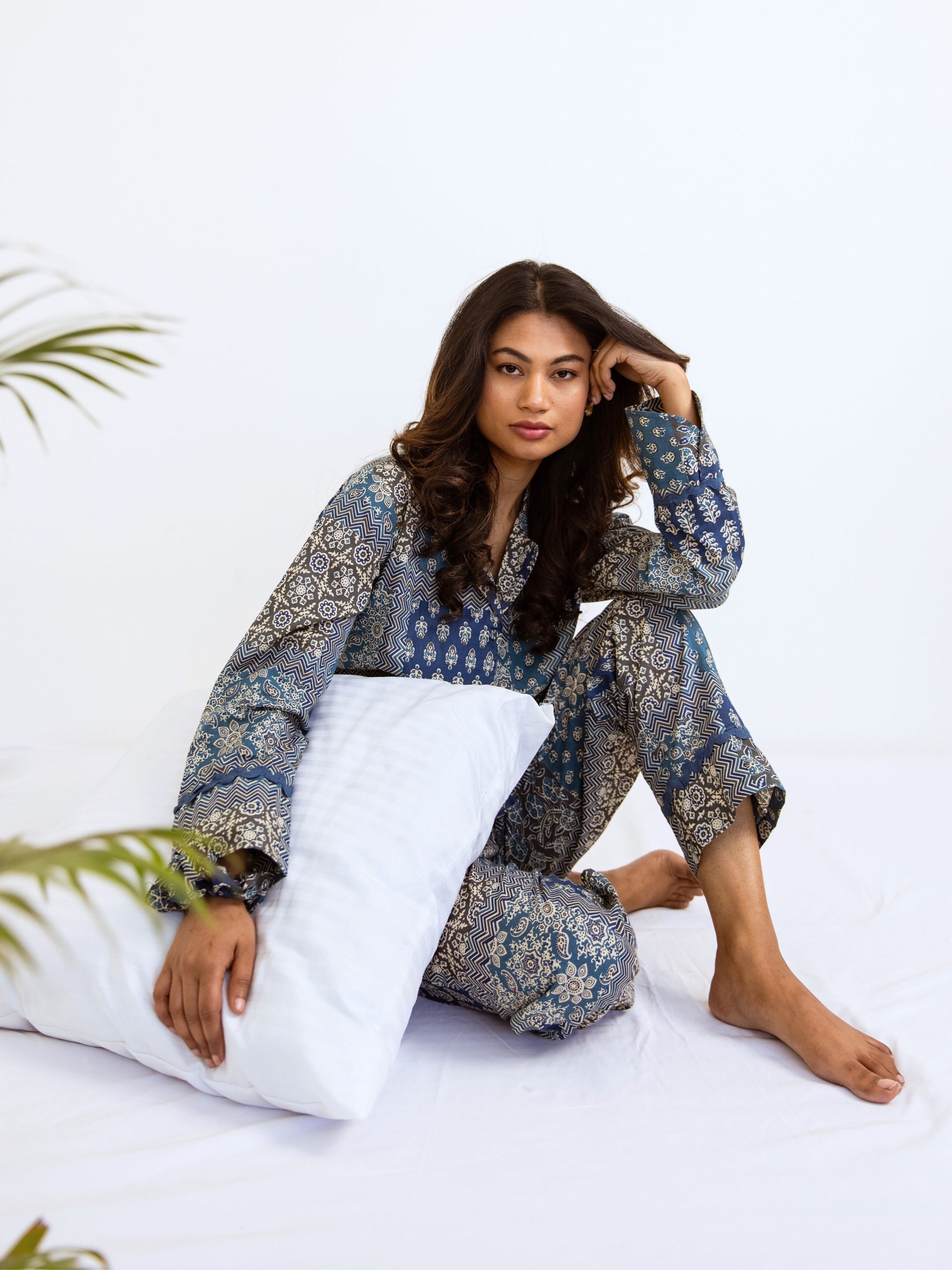 Blue Patchy Print Pure Cotton Collar Shirt Night Suit