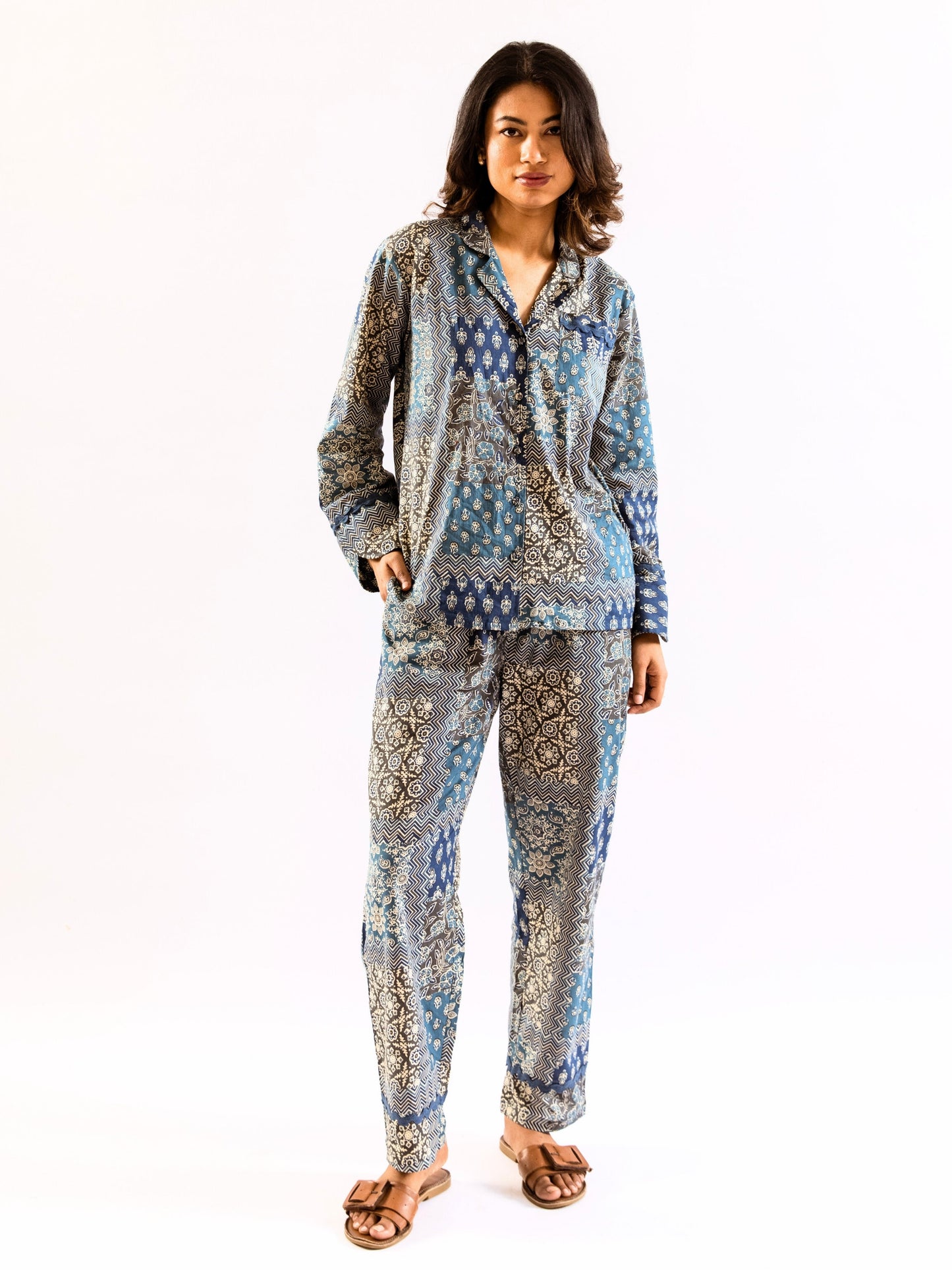 Blue Patchy Print Pure Cotton Collar Shirt Night Suit
