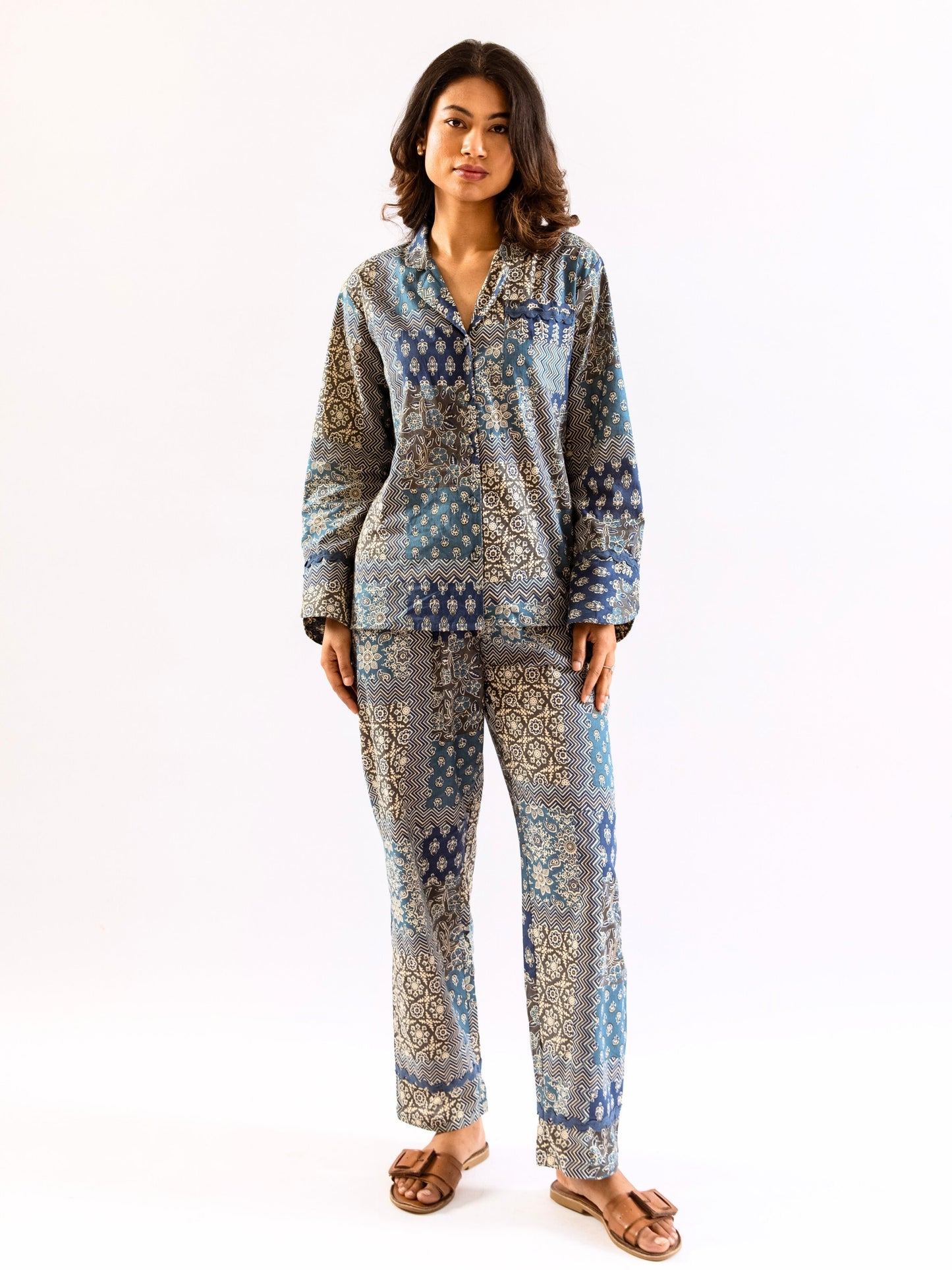 Blue Patchy Print Pure Cotton Collar Shirt Night Suit