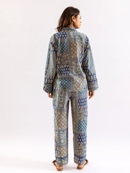 Blue Patchy Print Pure Cotton Collar Shirt Night Suit