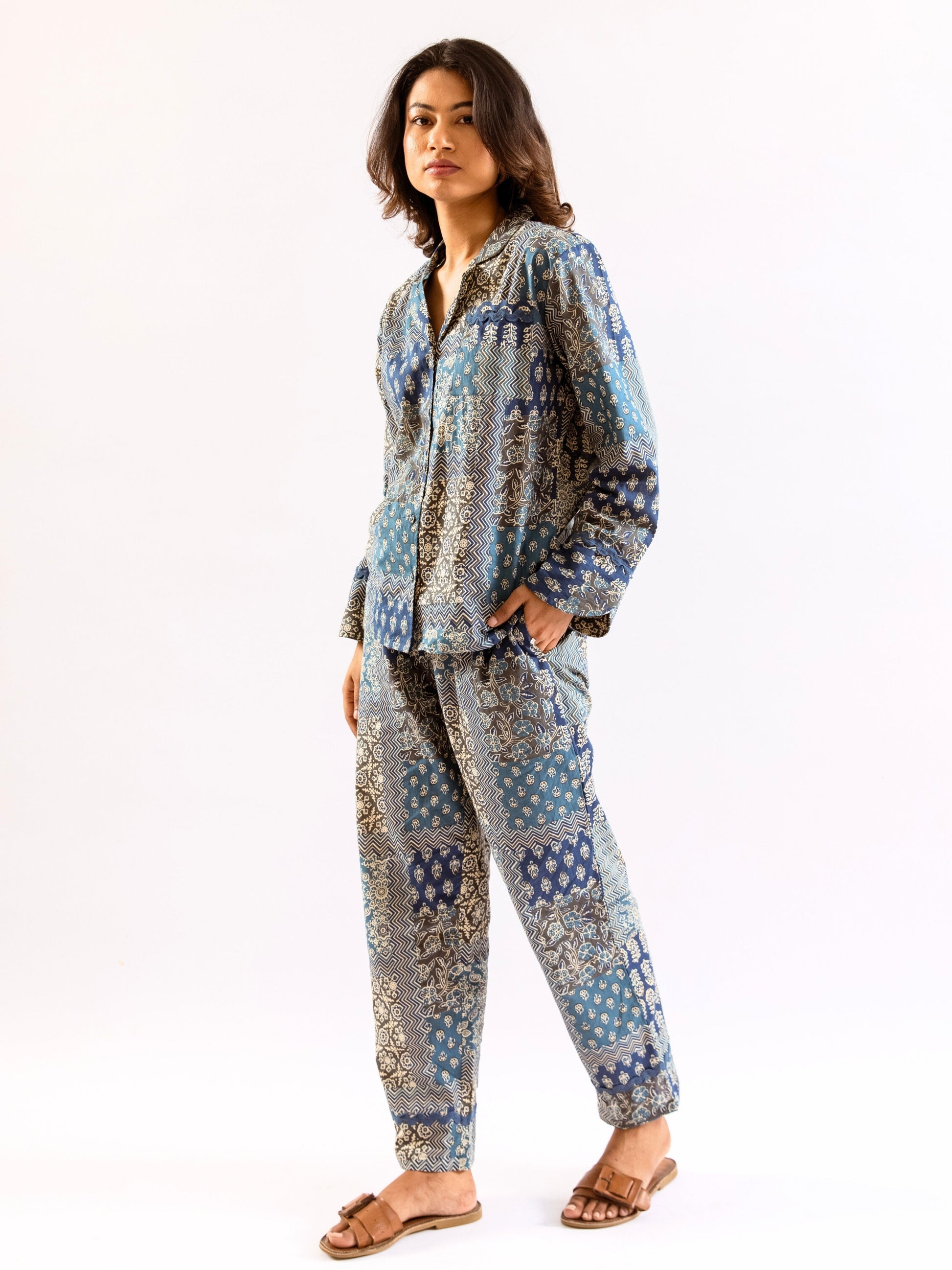 Blue Patchy Print Pure Cotton Collar Shirt Night Suit