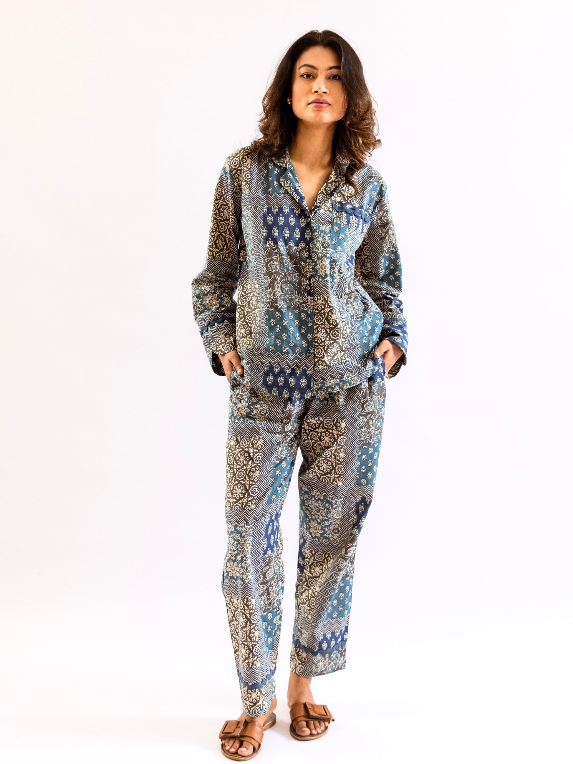Blue Patchy Print Pure Cotton Collar Shirt Night Suit