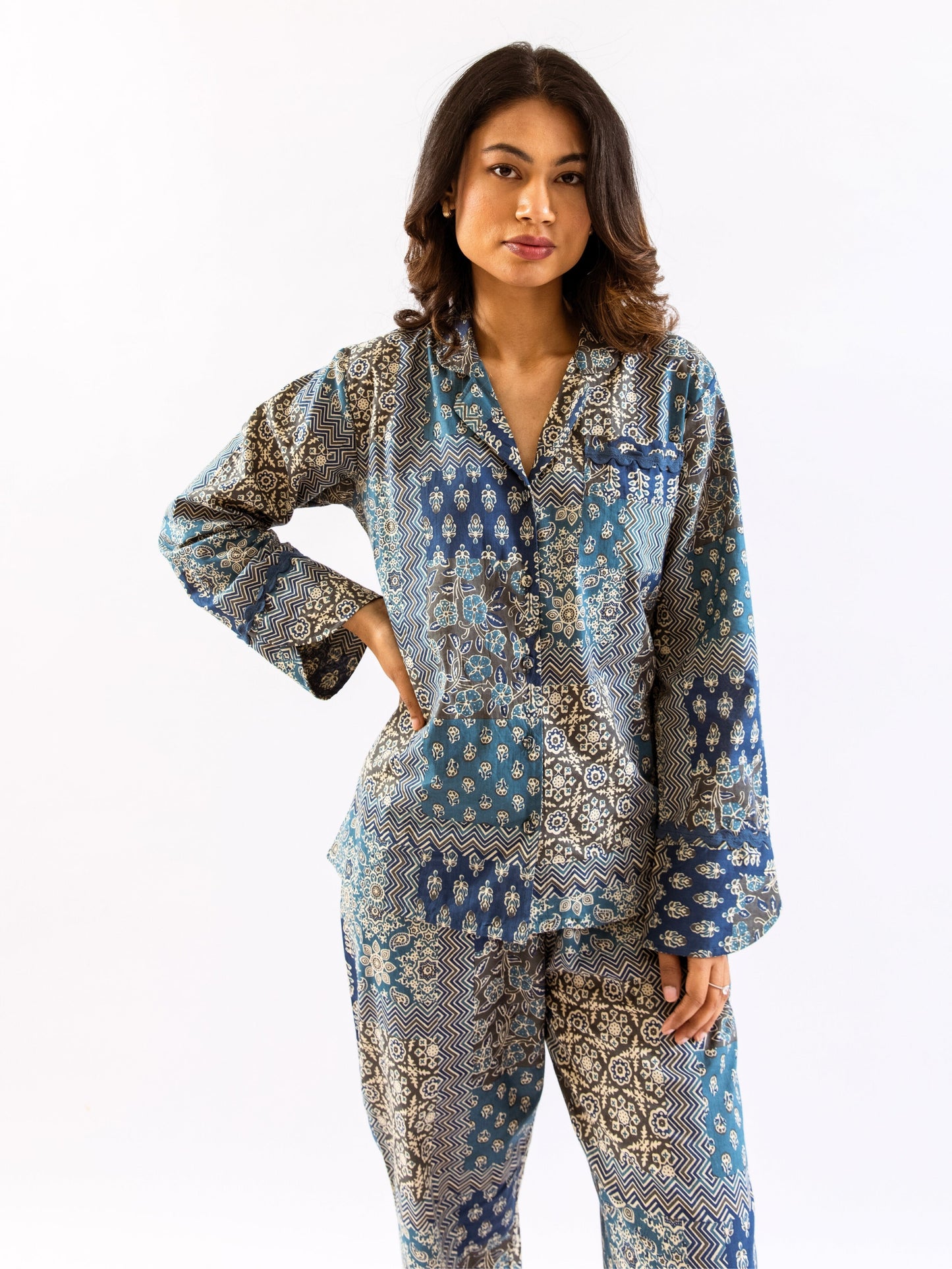 Blue Patchy Print Pure Cotton Collar Shirt Night Suit