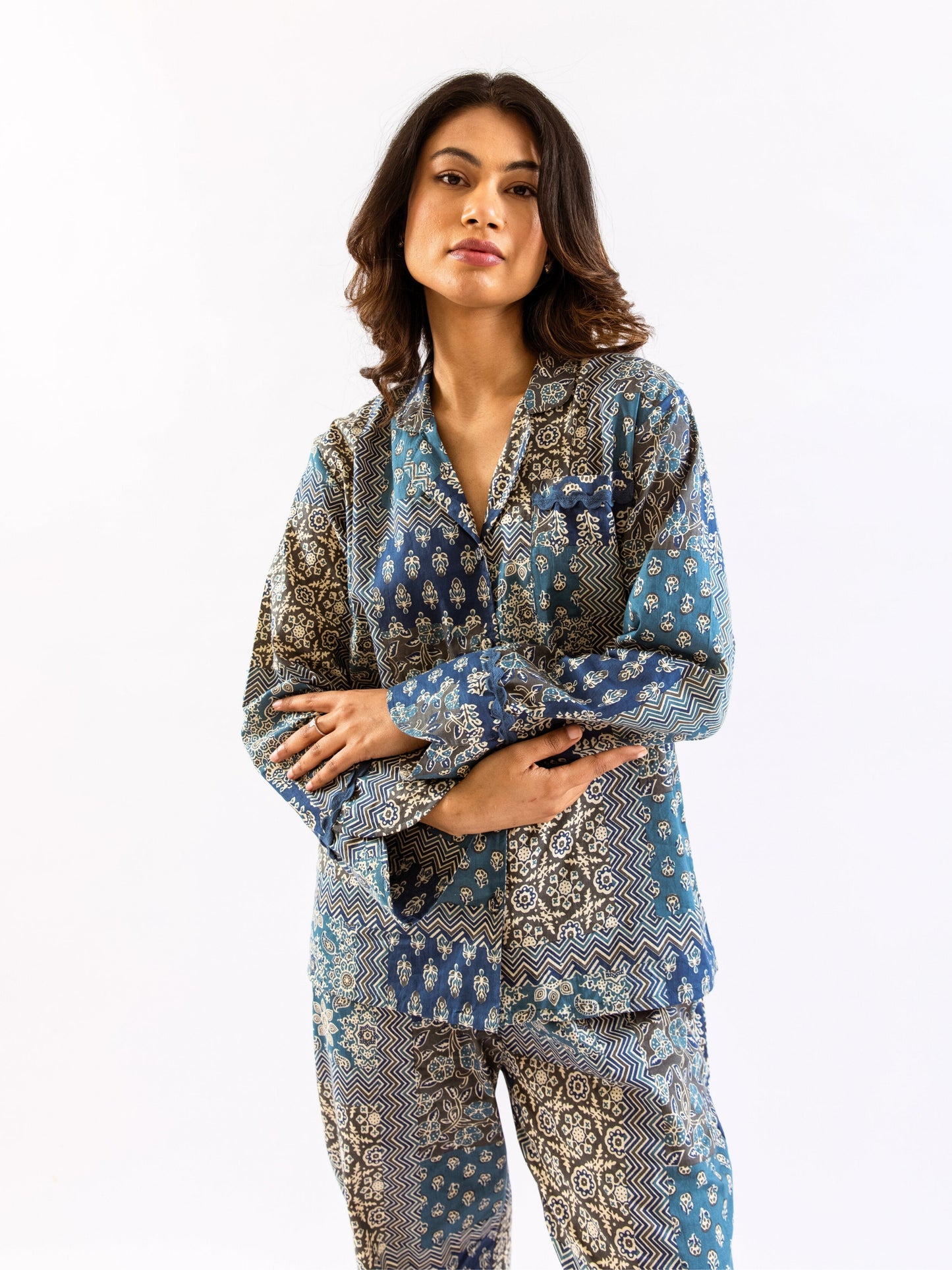 Blue Patchy Print Pure Cotton Collar Shirt Night Suit
