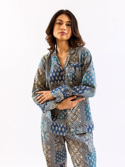 Blue Patchy Print Pure Cotton Collar Shirt Night Suit
