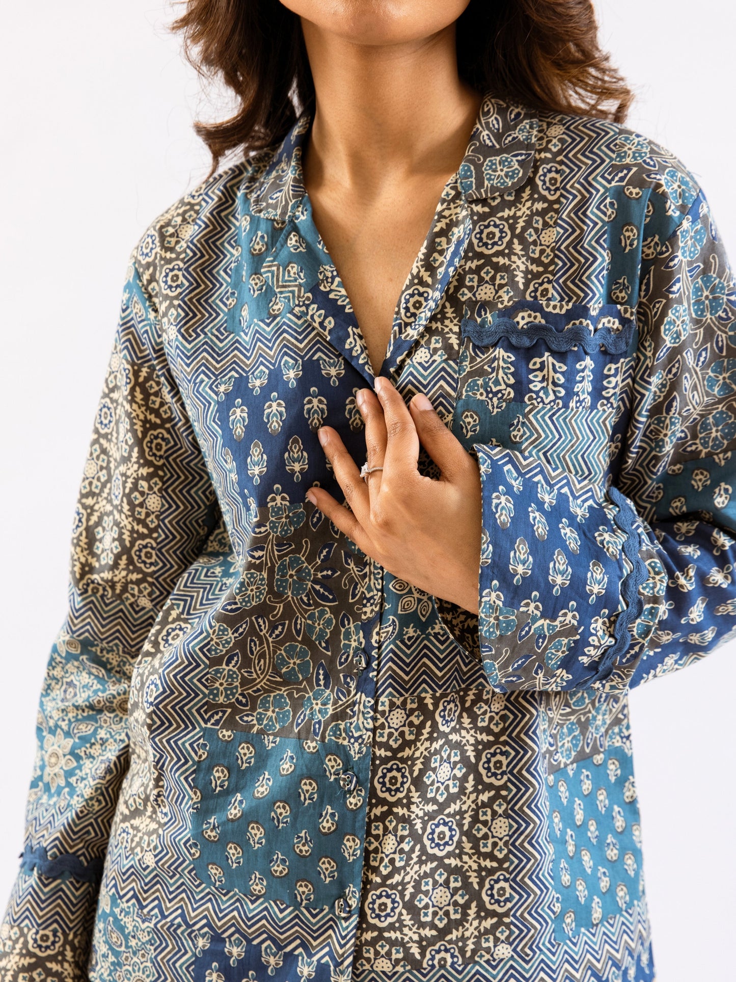 Blue Patchy Print Pure Cotton Collar Shirt Night Suit