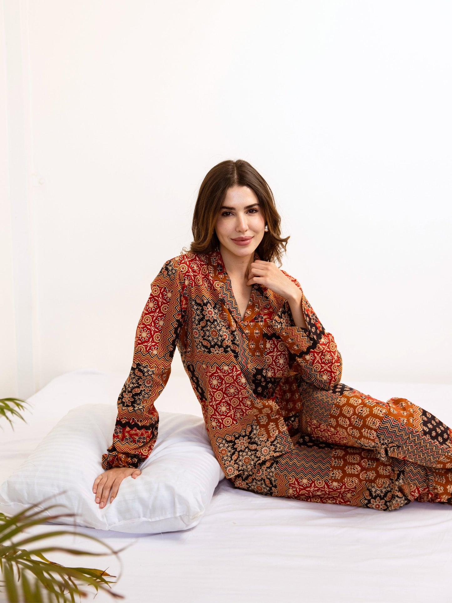 Brown Snuggle Patch Pure Cotton Collar Shirt Night Suit