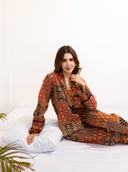 Brown Snuggle Patch Pure Cotton Collar Shirt Night Suit