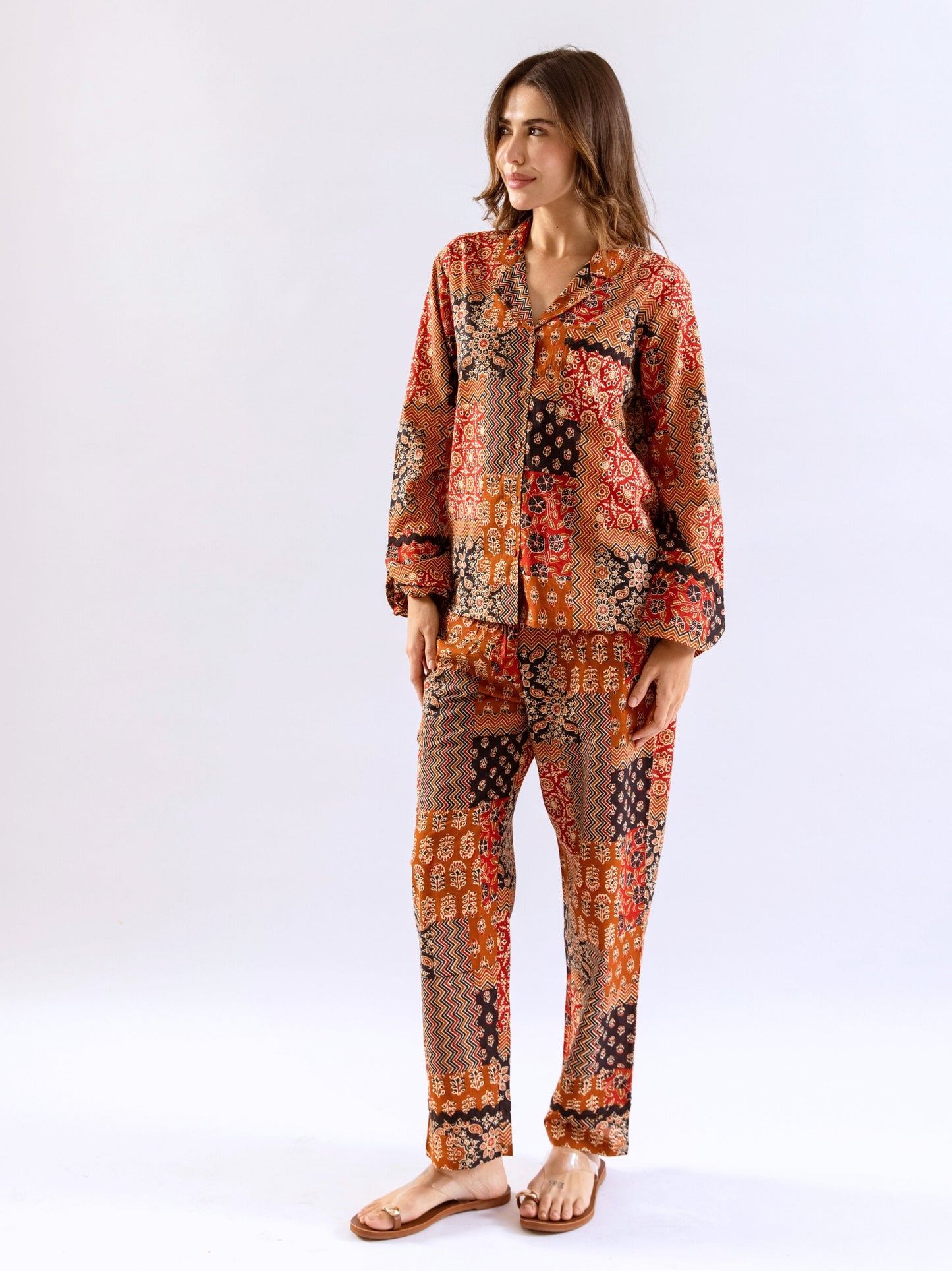 Brown Snuggle Patch Pure Cotton Collar Shirt Night Suit