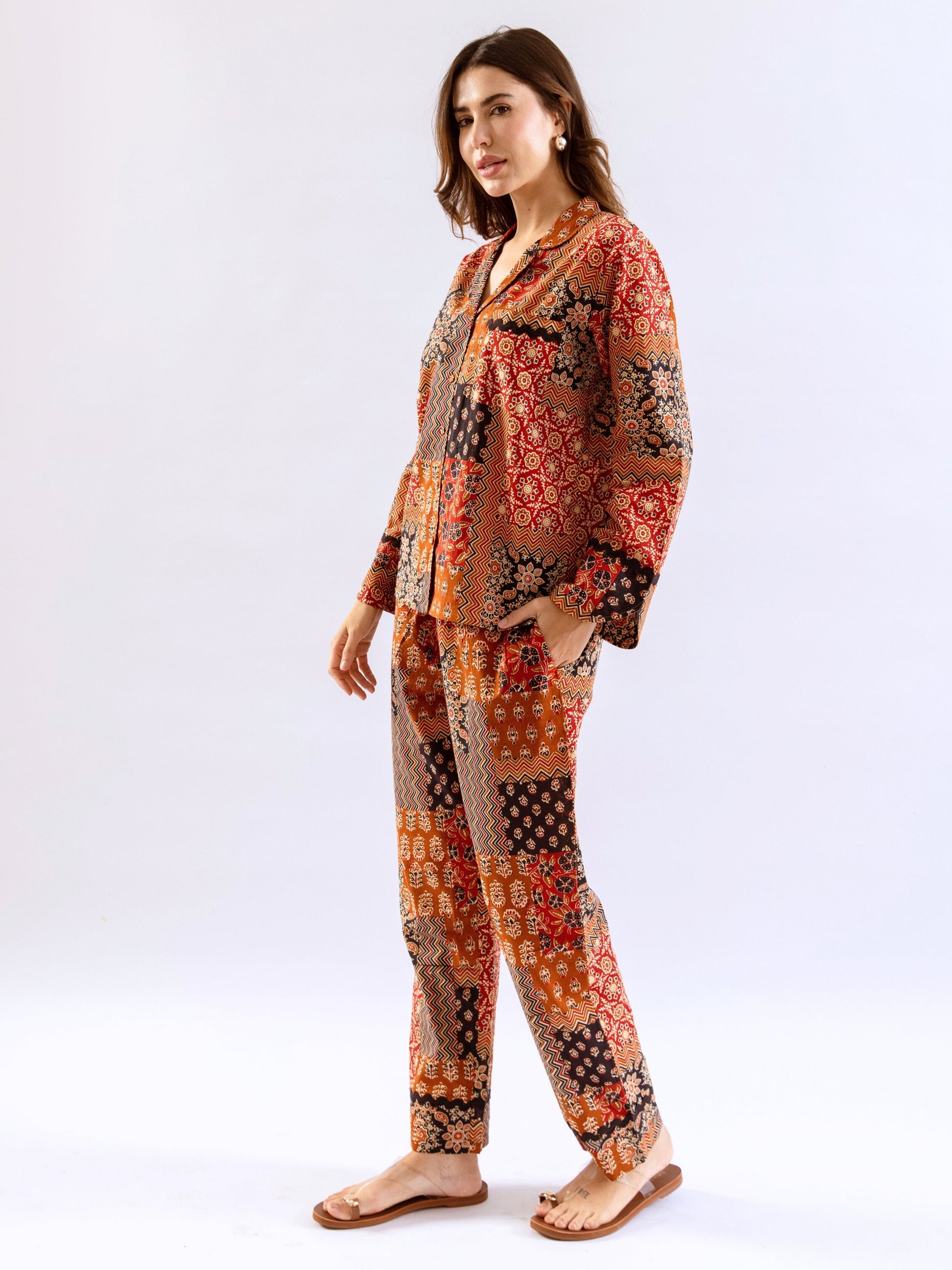 Brown Snuggle Patch Pure Cotton Collar Shirt Night Suit