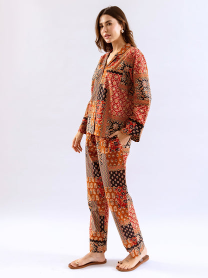 Brown Snuggle Patch Pure Cotton Collar Shirt Night Suit