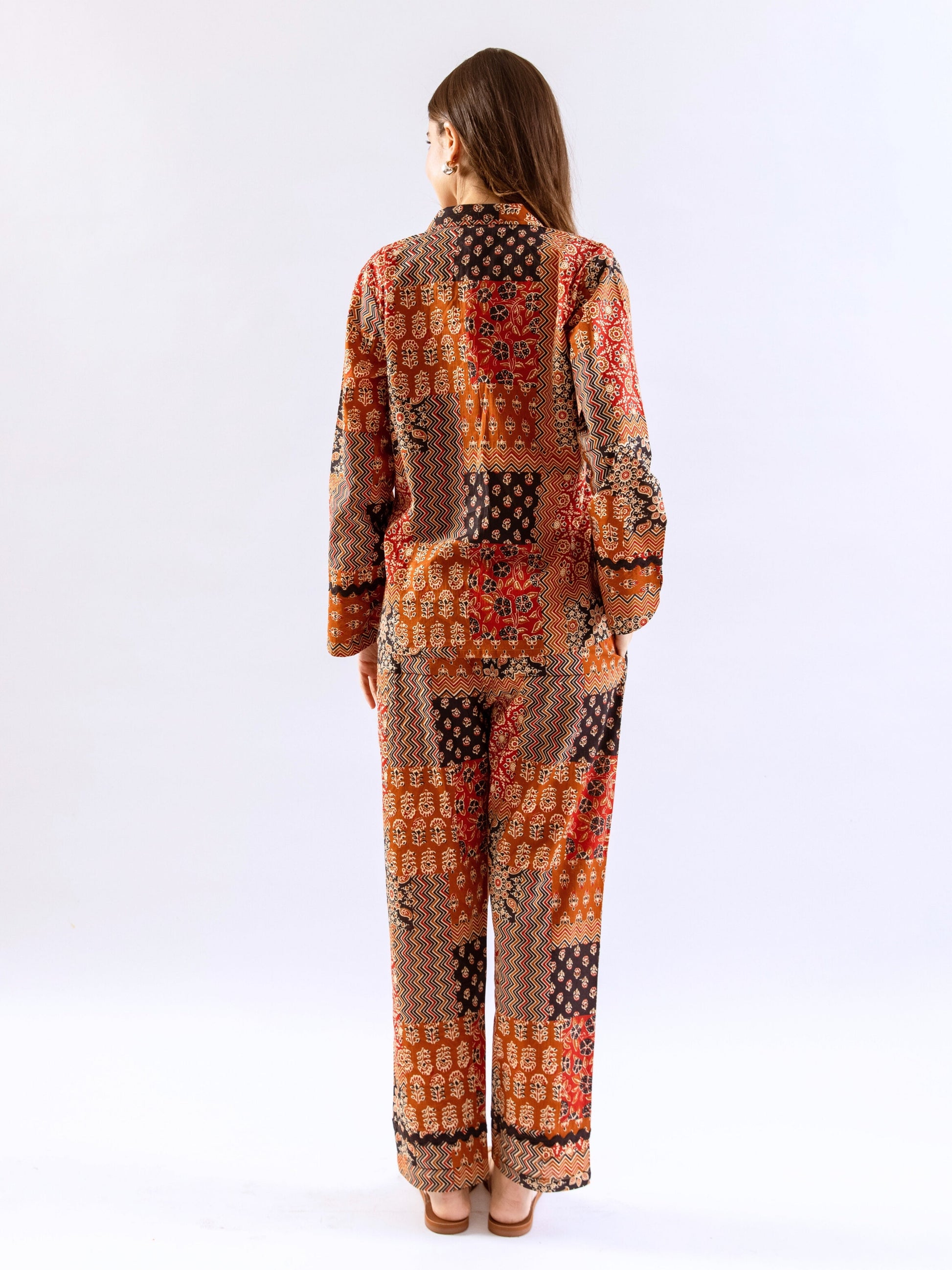 Brown Snuggle Patch Pure Cotton Collar Shirt Night Suit