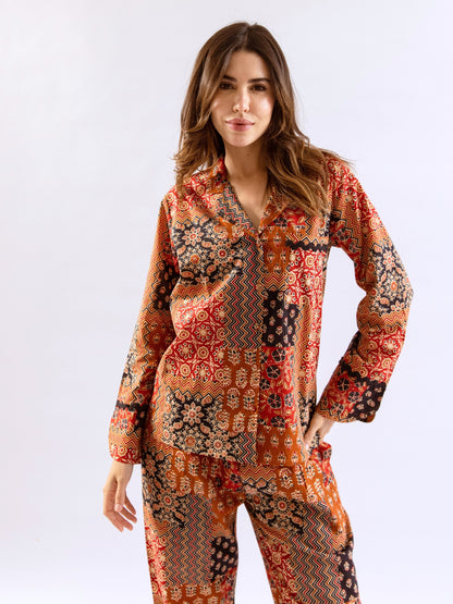 Brown Snuggle Patch Pure Cotton Collar Shirt Night Suit