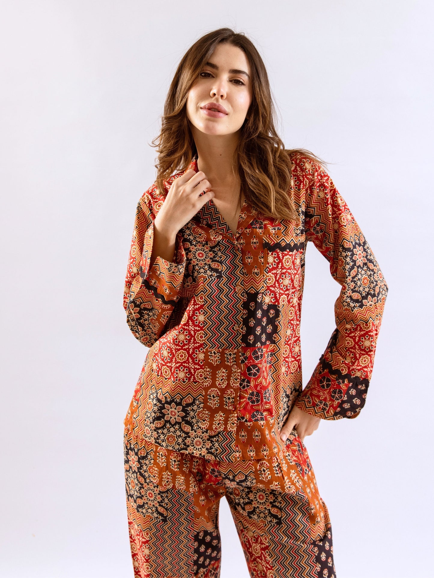 Brown Snuggle Patch Pure Cotton Collar Shirt Night Suit