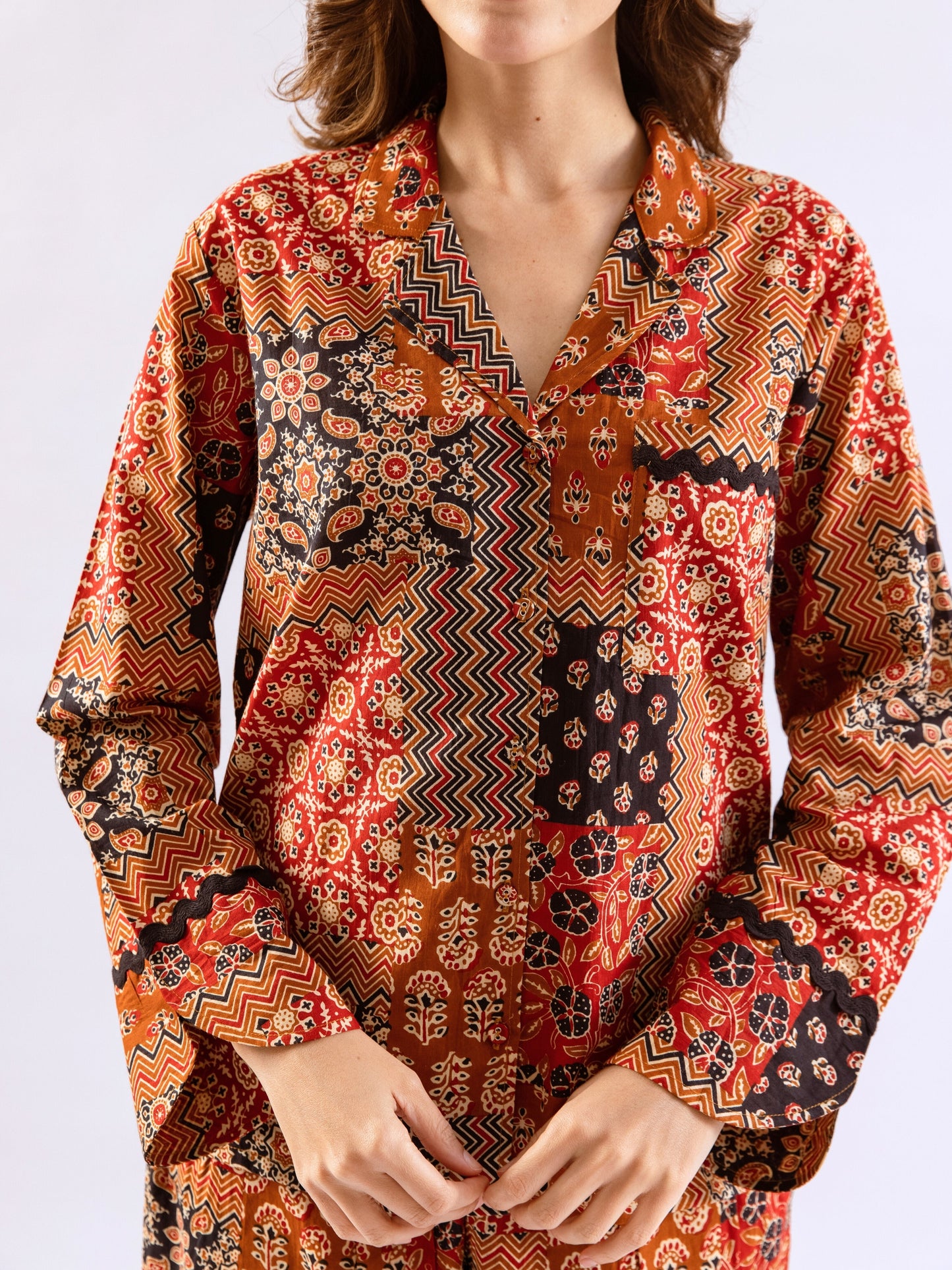 Brown Snuggle Patch Pure Cotton Collar Shirt Night Suit