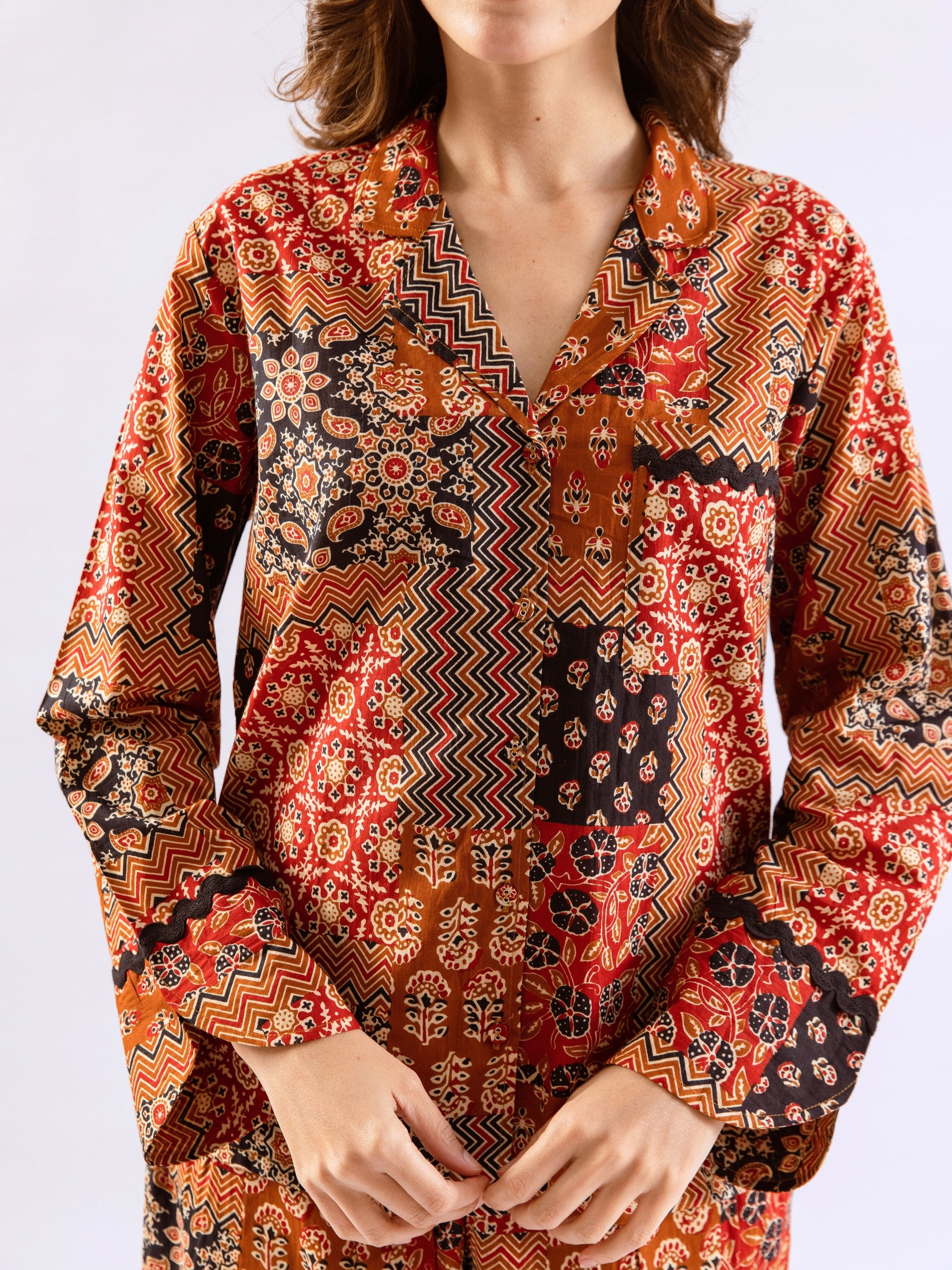 Brown Snuggle Patch Pure Cotton Collar Shirt Night Suit