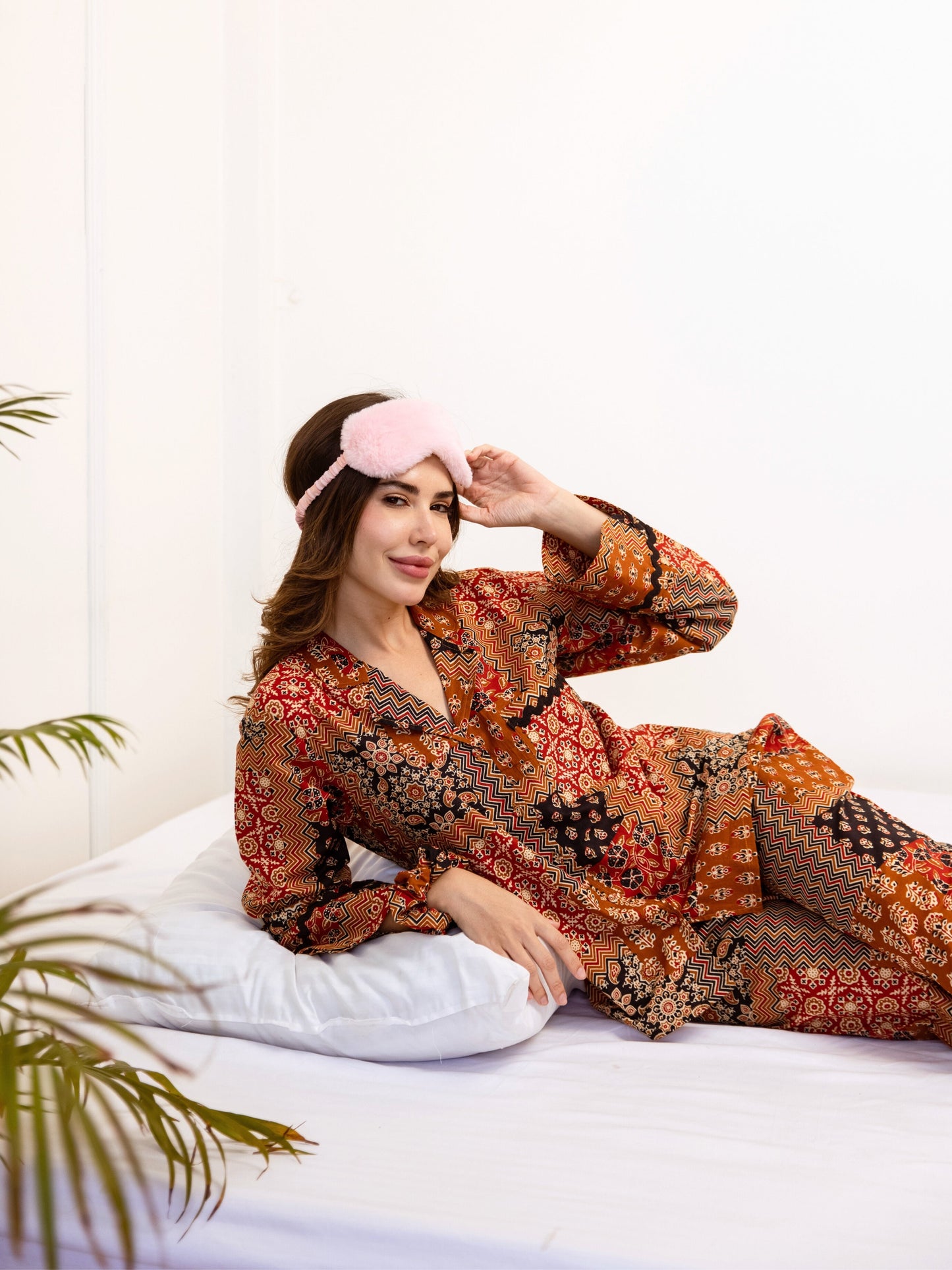 Brown Snuggle Patch Pure Cotton Collar Shirt Night Suit